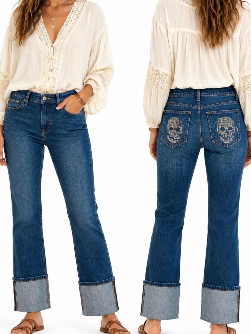 INC International Concepts Mid Blue Ankle Jeans w Rhinestone Skull Pockets